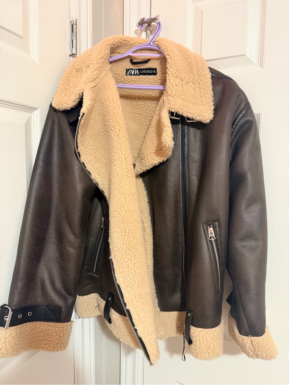 ZARA Faux Shearling Jacket in Cream with Black Trim
